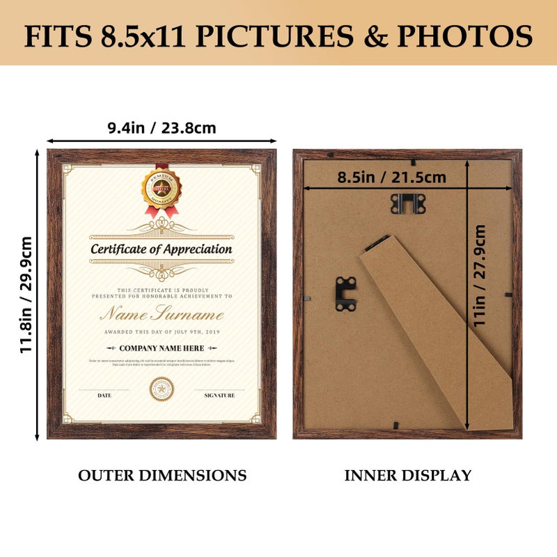 PETAFLOP Wooden 8.5x11 Picture Frame Set of 18, Rustic Brown Certificate Frames Fits 8.5 by 11 for Wall or Tabletop Display - Image 5